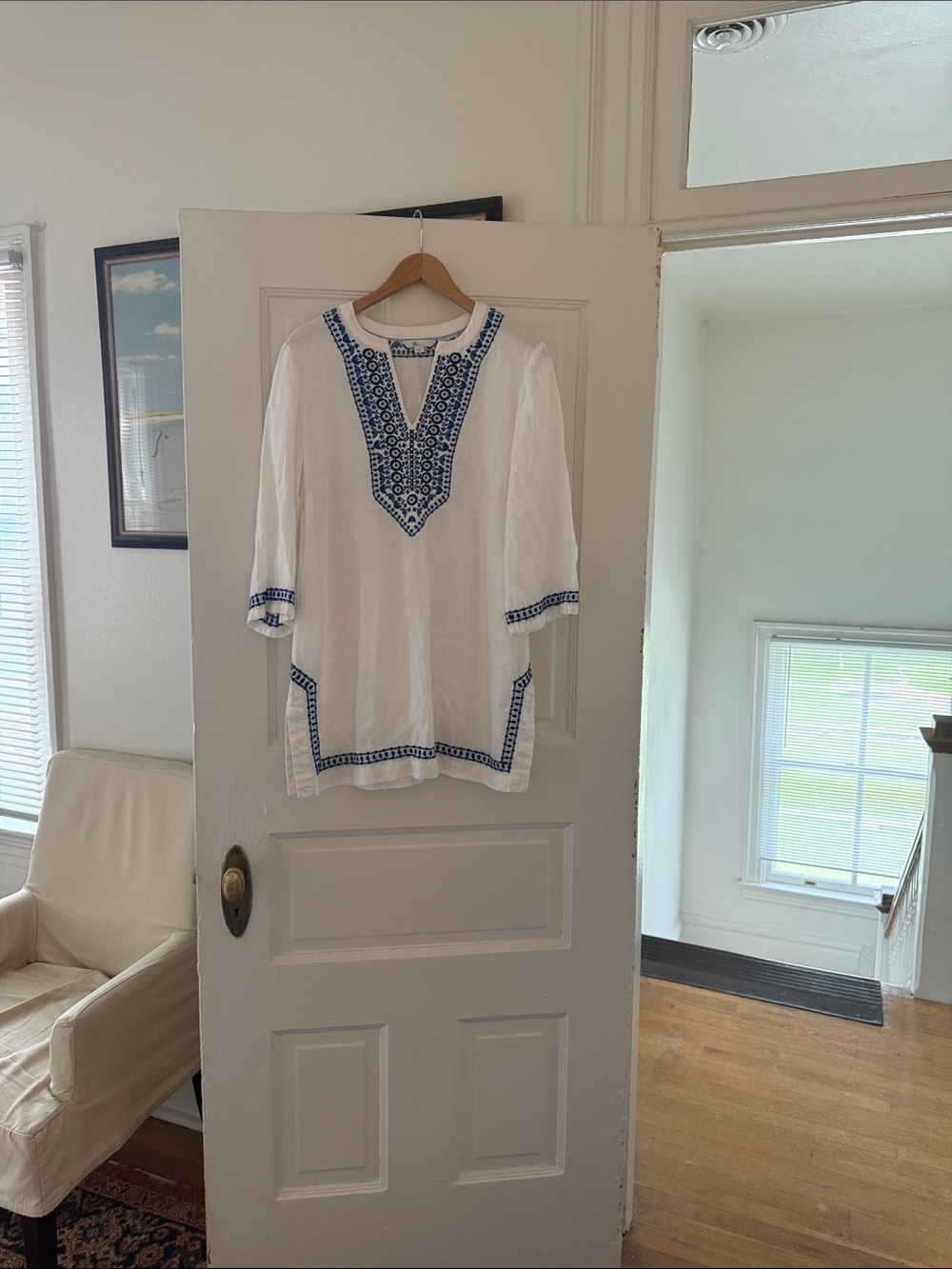 Boden White Linen Beach Tunic with Blue Embroidered Trim size 12